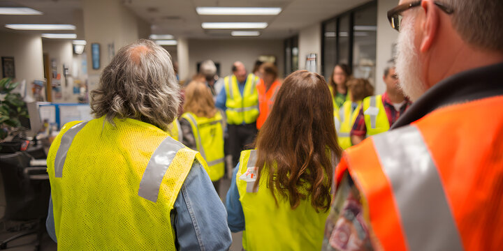 Individuals in Emergency Manager vests participate in a fire drill, demonstrating the vital role of emergency management. The Emergency Manager vests highlight safety and preparedness in the drill.