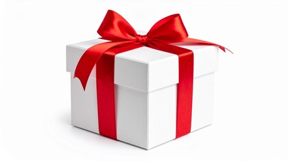 Fototapeta premium One White Gift Box With Red Bow From Satin Ribbon On White Isolated Background With Clipping Path. E.