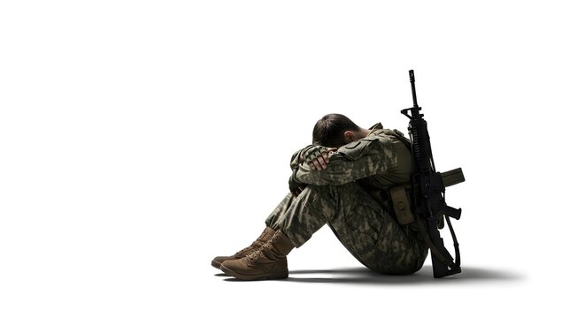 Distressed Soldier with Rifle on White Background