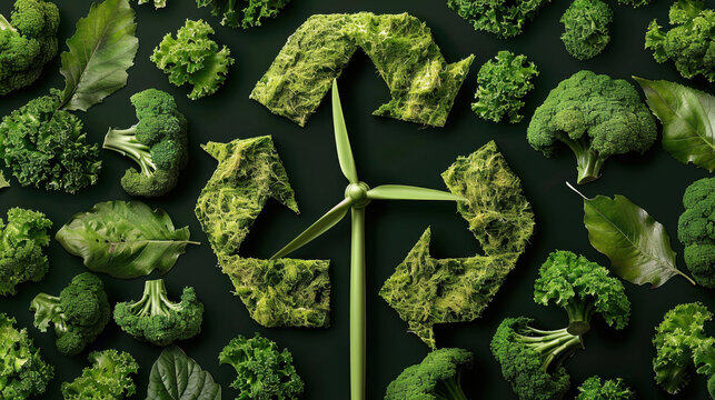 Eco friendly green concept with recycling symbol made of lush greenery, surrounded by various fresh vegetables like broccoli and leafy greens, promoting sustainability and environmental awareness - Powered by Adobe