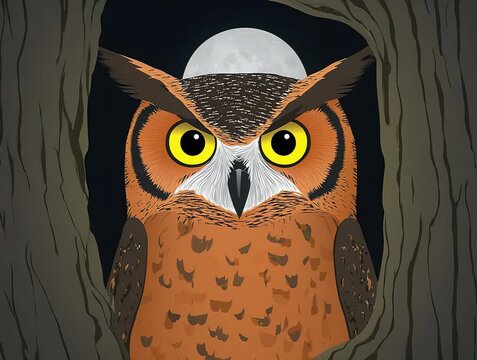 A Digitally Illustrated Owl Gazing with Intense Eyes in a Forest