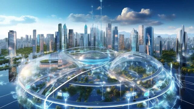 Futuristic Metropolis: A visionary cityscape of the future, where advanced technology seamlessly blends with a thriving urban ecosystem. Highlighting innovation, progress.