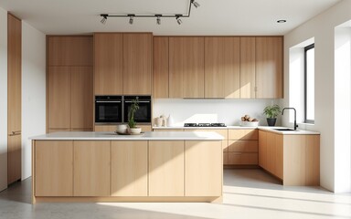 Modern minimalist kitchen interior with wood cabinets and white countertops in natural lighting, featuring clean lines and neutral tones. 3D Rendering. High quality