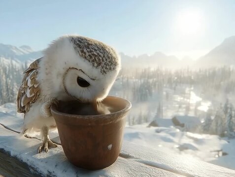 Adorable Owl Enjoying Drink on a Snowy Winter Day