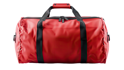 Red duffel bag with zippered closure and black accents