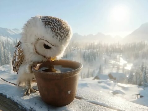 Owl Enjoying a Hot Drink in a Snowy Winter Landscape