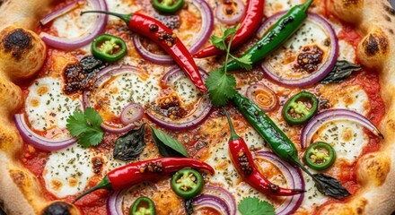 Spicy Gourmet Pizza with Fresh Red Onions and Jalapeno Pepper Toppings