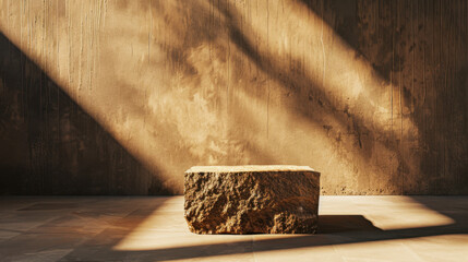 Minimalist pedestal in rendered environment with soft lighting and shadows, showcasing textured stone surface against warm wall. scene evokes tranquility and simplicity