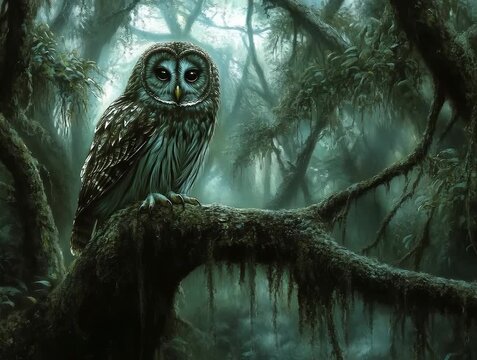 Majestic Owl Perched on a Mossy Branch in a Misty Forest