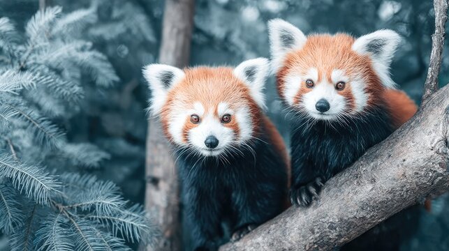 A pair of red pandas playing on tree branches, dense foliage, adorable moment, wildlife photography vibe 