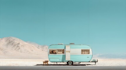 "Vintage Blue and White Trailer Parked on Desert Road"