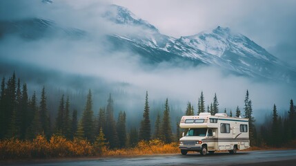 Vintage RV Parked by Mountain Road