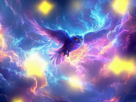 Majestic Owl Soaring Through a Vibrant Celestial Dreamscape