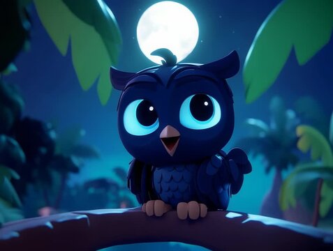 Adorable Cartoon Owl Perched on a Branch Under the Night Sky