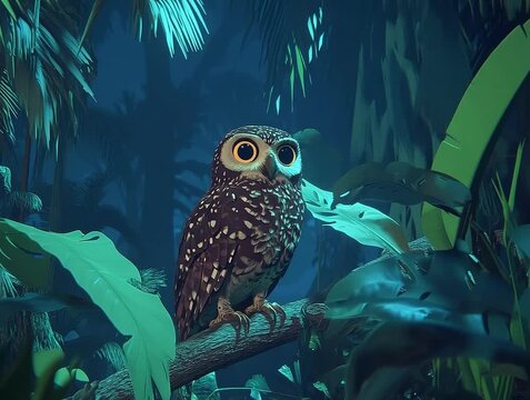 Curious Owl Perched on a Branch in a Lush Green Forest