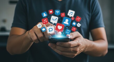 Mobile Connection and Social Media: A person interacts with social media via their mobile phone, with icons representing various interactions such as likes, comments, and shares.