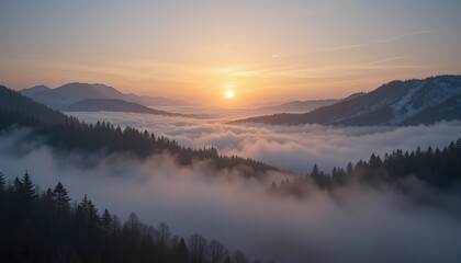 Fototapeta premium Misty mountains under soft golden sunrise, peaceful atmosphere