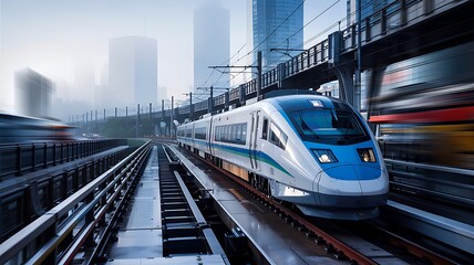 Fototapeta premium Modern high speed bullet train traveling on elevated tracks through a futuristic cityscape with motion blur