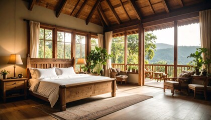 Rustic bedroom with mountain view
