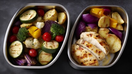 Nourishing Meal Prep: Grilled Chicken and Roasted Vegetables in Organized Containers with Warm Studio Lighting for Healthy Eating Concept, Environmental Composition