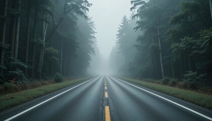 Empty road disappearing into foggy forest