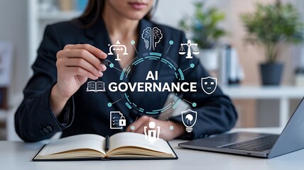 Businesswoman interacting with ai governance concept with digital icons representing law and ethics in modern office setting