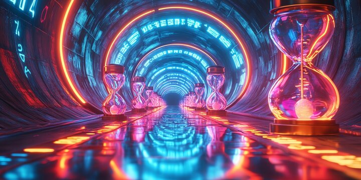 Sand Timers in Neon Lit Sci-Fi Tunnel