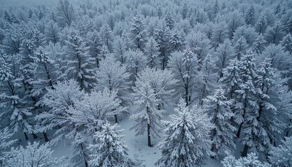 Snow-covered pine trees viewed from above, isolated landscape