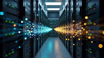 Modern data center aisle with glowing blue and orange data streams converging in the center creating a vibrant technological connection