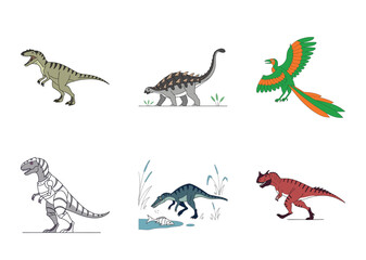 Cartoon Illustration of Various Dinosaurs and Prehistoric Bird in Different Settings