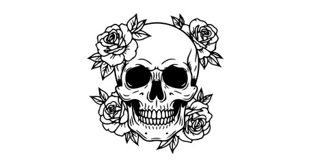 Skull with roses vector art illustration death and beauty concept tattoo design halloween graphic black and white art
