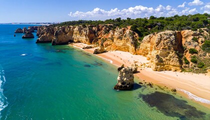Obraz premium Aerial view of a beach with dramatic cliffs