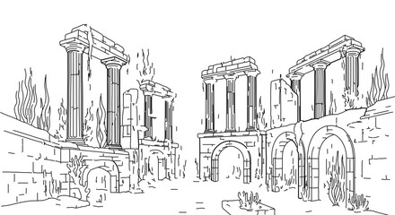 Ancient ruins drawing of roman architecture with columns and arches in detailed line art vector design