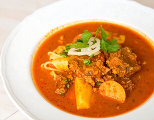 Hearty, red soup in a white bowl
