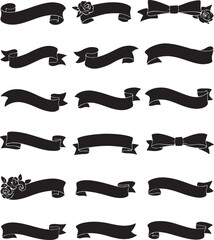 Collection of Black Silhouette Ribbon Banners and Bows for Graphic Design Elements
