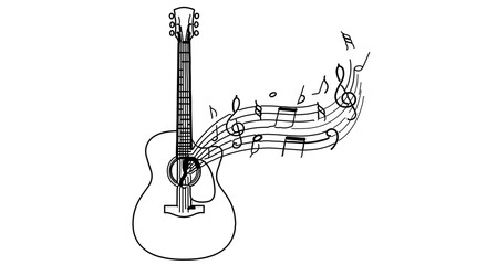 Acoustic guitar illustration with musical notes for music lessons and song writing and guitar instruction