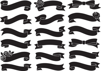 Collection of Black Silhouette Ribbon Banners and Bows on White Background
