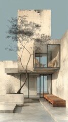 Modern Minimalist House Exterior with Beige Concrete Walls and Glass Panels