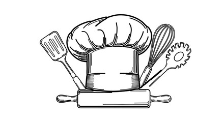 Chef hat with cooking utensils and rolling pin vector illustration for culinary design and bakery concept