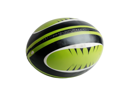 Close-up of a lime green and black rugby ball.  Bold stripes and design