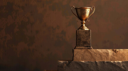 Obraz premium Bronze trophy sits atop dark stone pedestal, illuminated against textured brown background, symbolizing achievement and success in creative studio setting