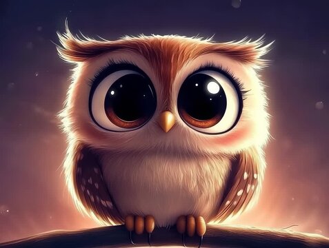 Adorable Cartoon Owl with Large Eyes Perched on a Branch