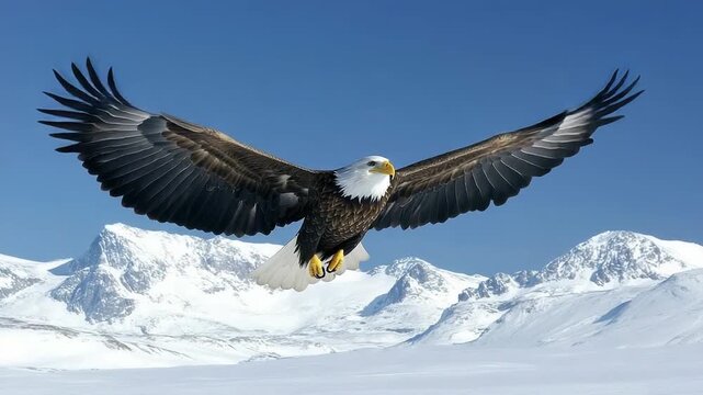 Majestic Bird of Prey Soaring Over Snowy Mountain Peaks