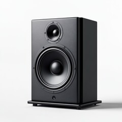 Obraz premium Modern black bookshelf speaker with woofer and tweeter on a stand isolated on a white background