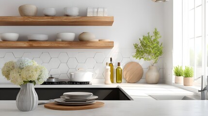 Modern Kitchen Counter with Flowers in Vase