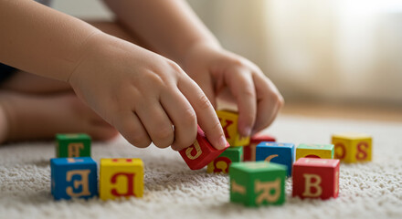 Early childhood education concept with a toddler playing with colorful wooden alphabet blocks on a carpet at home or in preschool.