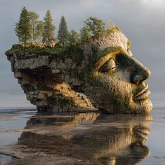 Surreal Stone Giant Face Island Sculpture