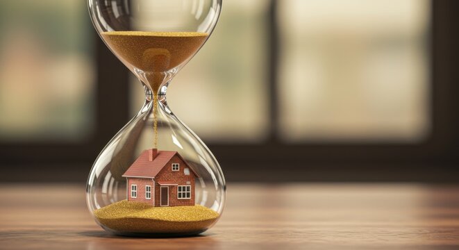 A house model sits in the bottom half of an hourglass as sand flows down from the top