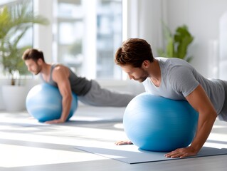Fitness Couple Doing Push Ups on Exercise Balls
