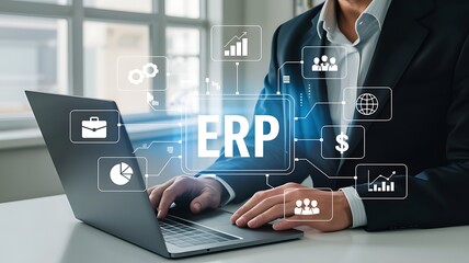 Businessman using laptop with glowing erp system interface and business icons symbolizing integration and efficiency